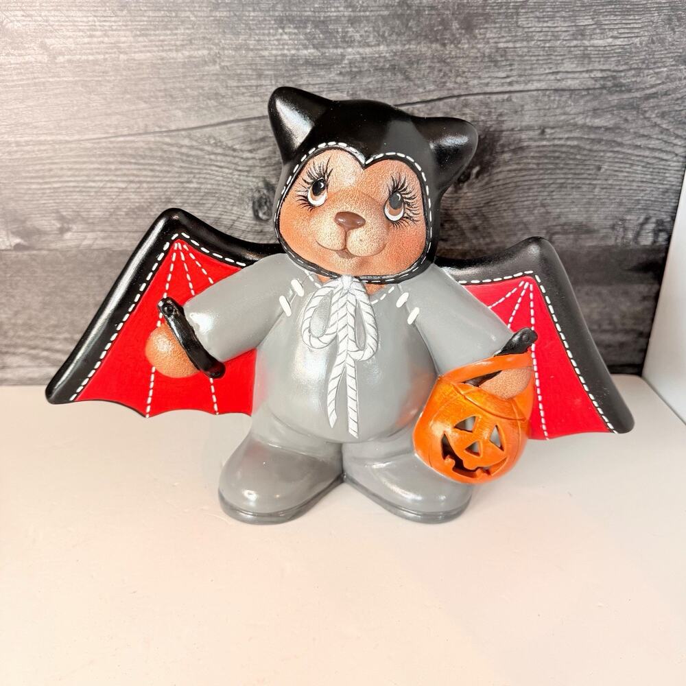 Vintage Halloween Ceramic Bear in Bat Costume Mold Figurine Statue 8" Kitschy